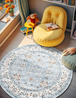 Aqua Blue 6' 1 x 6' 1 Charlotte Round Area Rug 100% Polypropylene With Jute Backing Traditional Classical Durable Carpet for Living Dining Office Rooms for Sale at Rug Engine