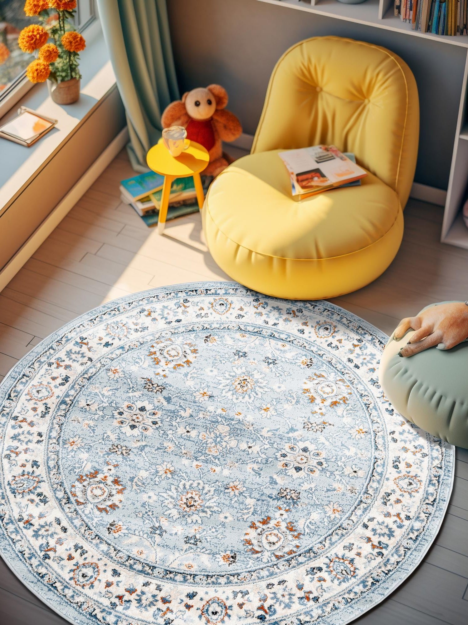 Aqua Blue 5' 3 x 5' 3 Charlotte Round Area Rug 100% Polypropylene With Jute Backing Traditional Classical Durable Carpet for Living Dining Office Rooms for Sale at Rug Engine