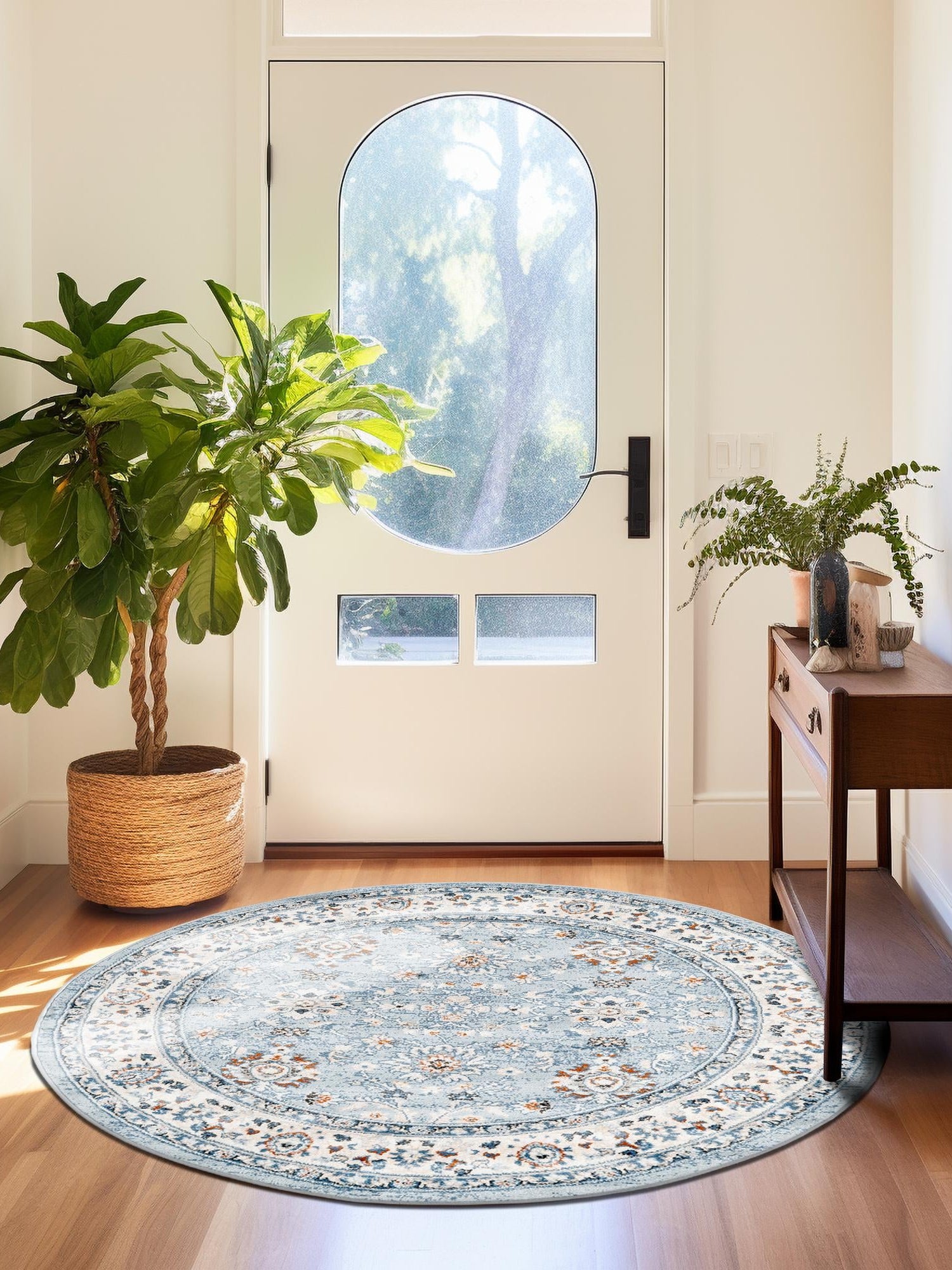 Aqua Blue 5' 3 x 5' 3 Charlotte Round Area Rug 100% Polypropylene With Jute Backing Traditional Classical Durable Carpet for Living Dining Office Rooms for Sale at Rug Engine