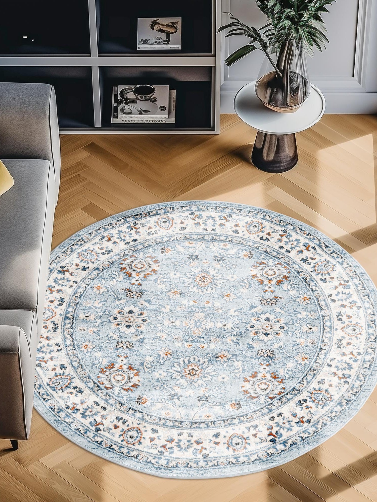Aqua Blue 4' 1 x 4' 1 Charlotte Round Area Rug 100% Polypropylene With Jute Backing Traditional Classical Durable Carpet for Living Dining Office Rooms for Sale at Rug Engine
