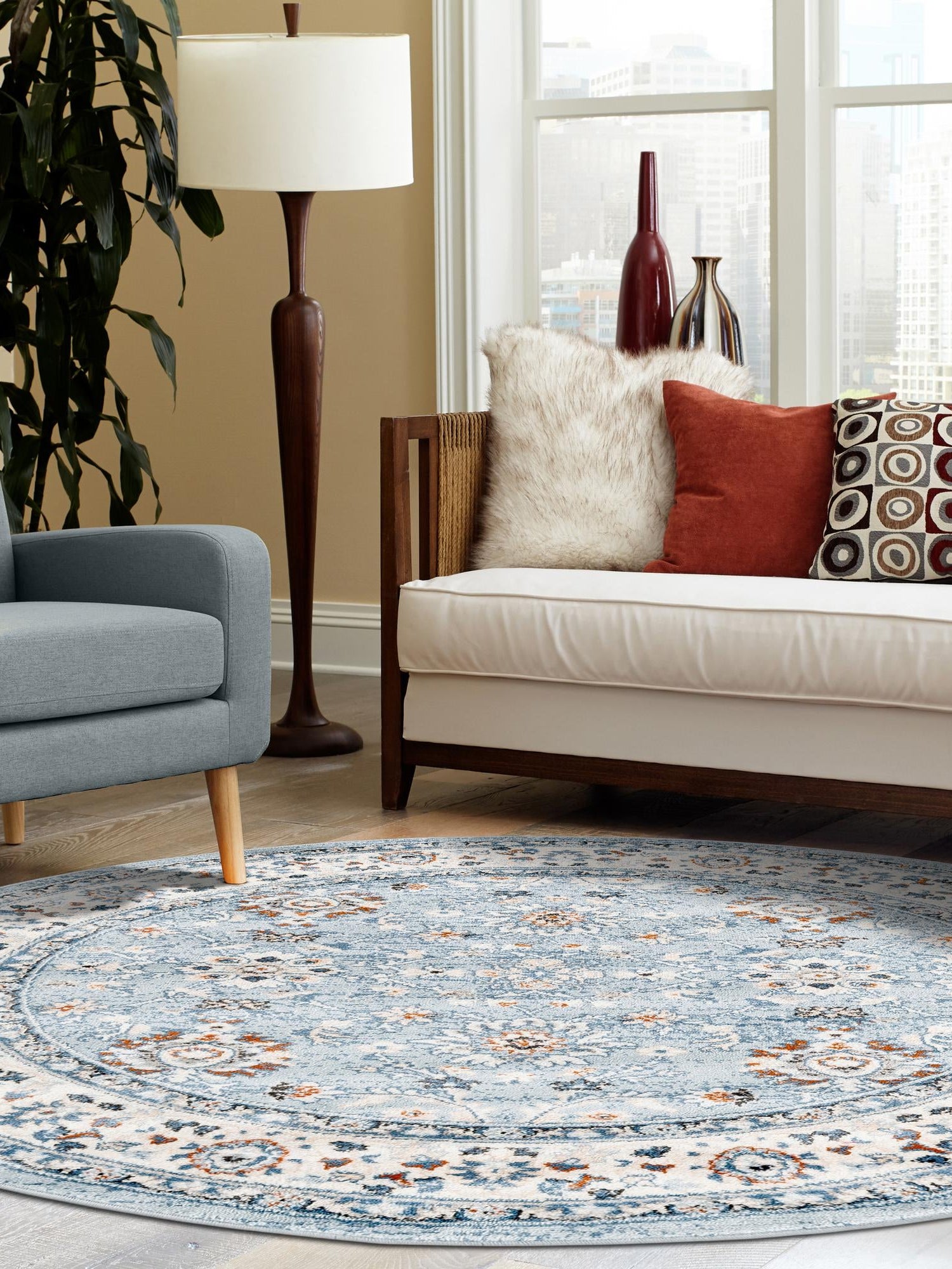 Aqua Blue 4' 1 x 4' 1 Charlotte Round Area Rug 100% Polypropylene With Jute Backing Traditional Classical Durable Carpet for Living Dining Office Rooms for Sale at Rug Engine