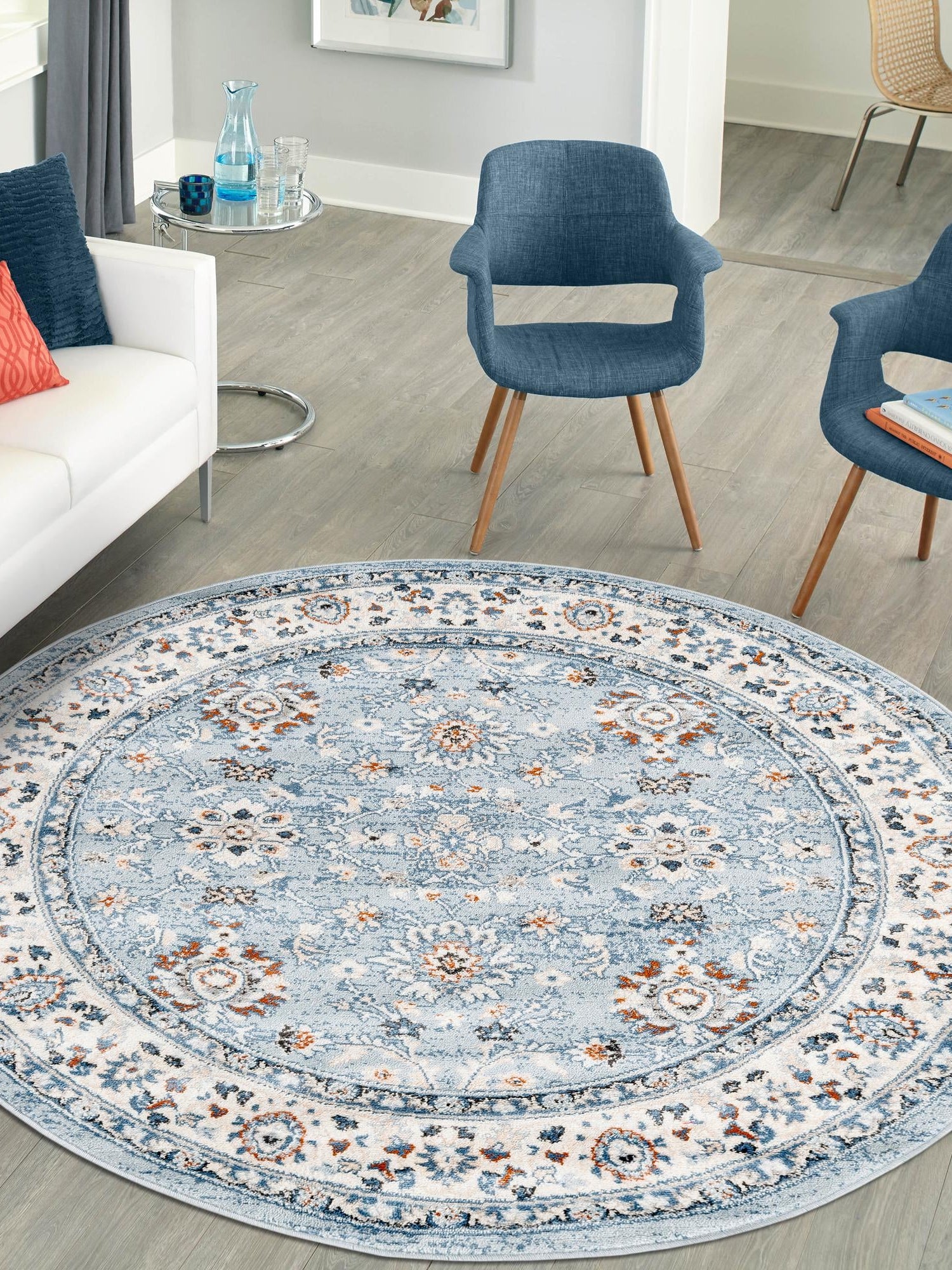 Aqua Blue 4' 1 x 4' 1 Charlotte Round Area Rug 100% Polypropylene With Jute Backing Traditional Classical Durable Carpet for Living Dining Office Rooms for Sale at Rug Engine
