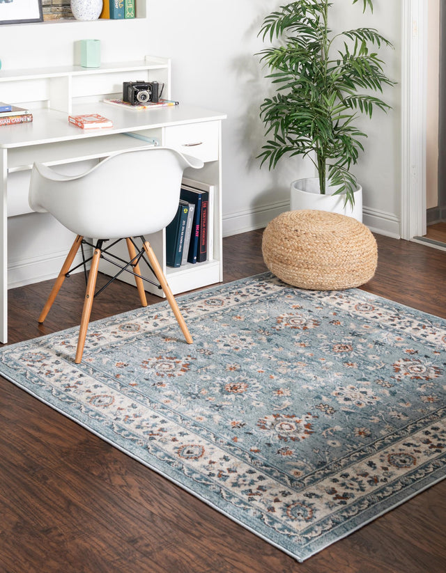 Aqua Blue 6' 1 x 6' 1 Charlotte Square Area Rug 100% Polypropylene With Jute Backing Traditional Classical Durable Carpet for Living Dining Office Rooms for Sale at Rug Engine