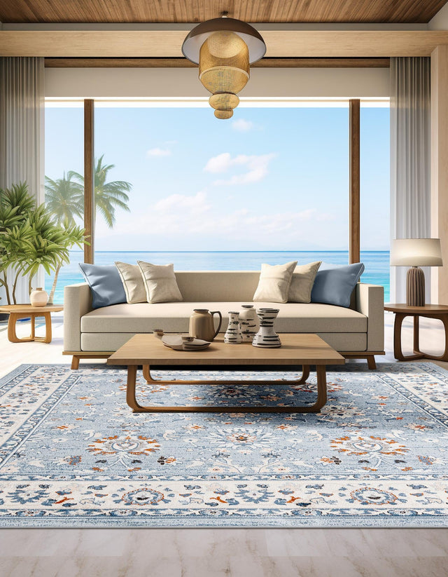 Aqua Blue 6' 1 x 6' 1 Charlotte Square Area Rug 100% Polypropylene With Jute Backing Traditional Classical Durable Carpet for Living Dining Office Rooms for Sale at Rug Engine