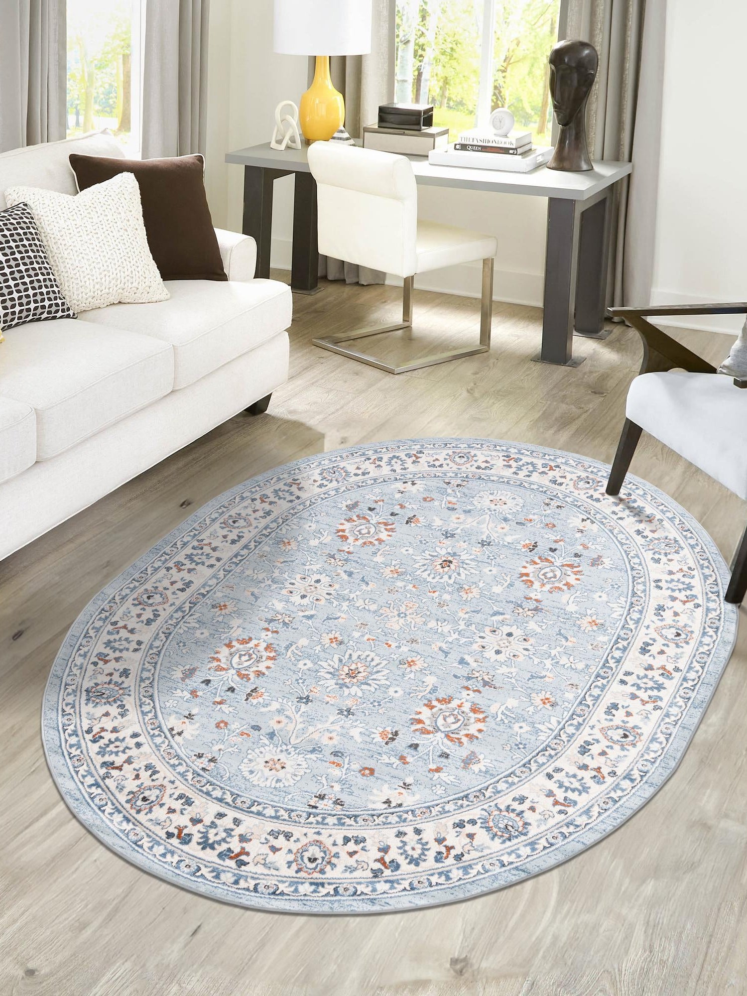 Aqua Blue 6' 1 x 9' Charlotte Oval Area Rug 100% Polypropylene With Jute Backing Traditional Classical Durable Carpet for Living Dining Office Rooms for Sale at Rug Engine