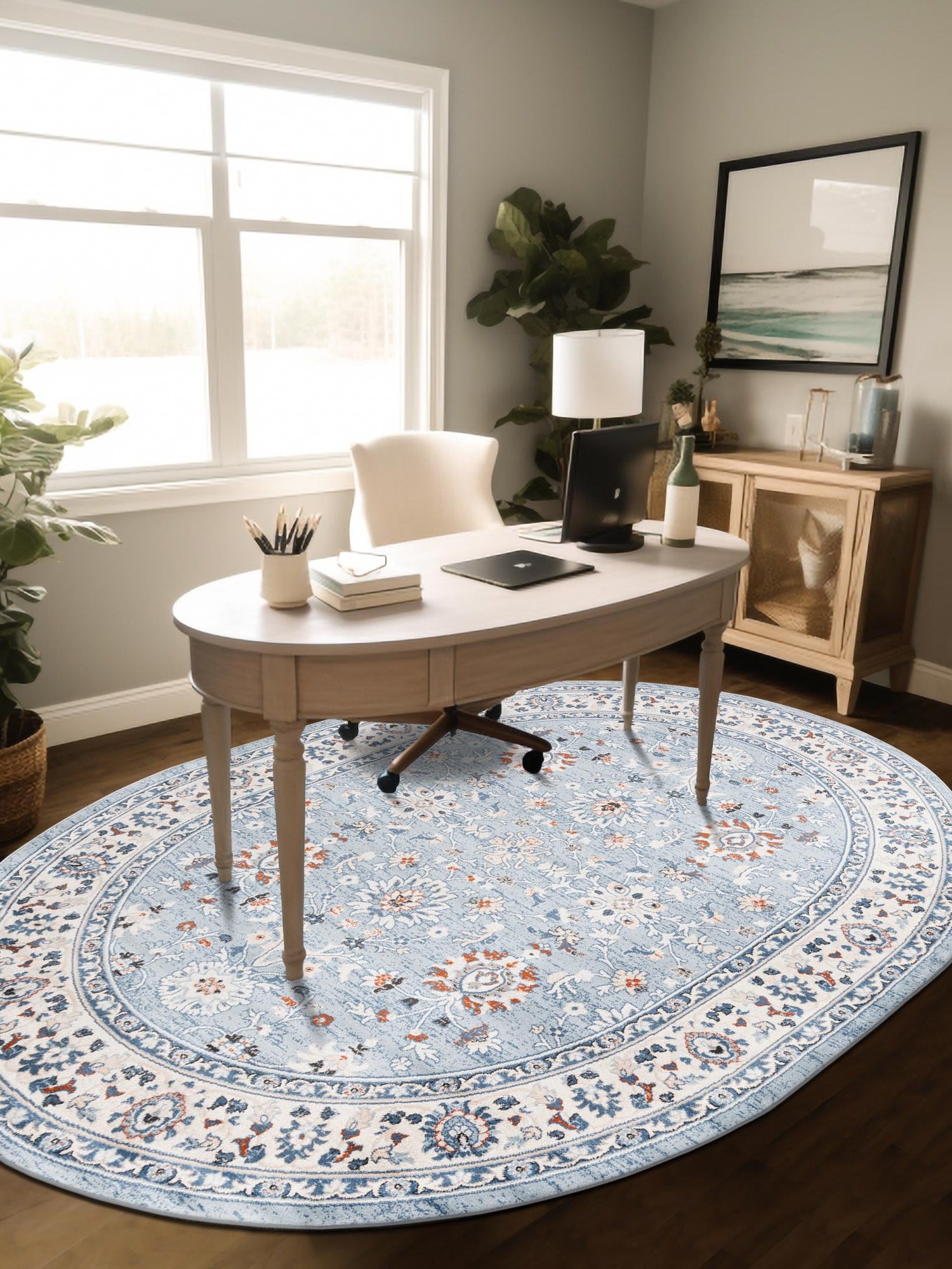 Aqua Blue 6' 1 x 9' Charlotte Oval Area Rug 100% Polypropylene With Jute Backing Traditional Classical Durable Carpet for Living Dining Office Rooms for Sale at Rug Engine