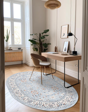 Aqua Blue 6' 1 x 9' Charlotte Oval Area Rug 100% Polypropylene With Jute Backing Traditional Classical Durable Carpet for Living Dining Office Rooms for Sale at Rug Engine