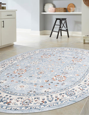Aqua Blue 6' 1 x 9' Charlotte Oval Area Rug 100% Polypropylene With Jute Backing Traditional Classical Durable Carpet for Living Dining Office Rooms for Sale at Rug Engine
