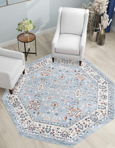 Aqua Blue 5' 3 x 5' 3 Charlotte Octagon Area Rug 100% Polypropylene With Jute Backing Traditional Classical Durable Carpet for Living Dining Office Rooms for Sale at Rug Engine