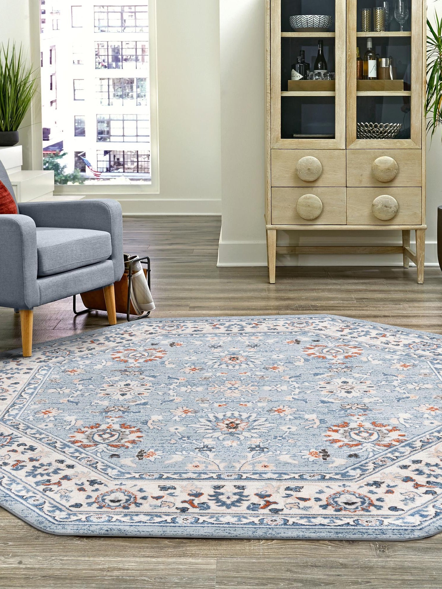 Aqua Blue 7' 10 x 7' 10 Charlotte Octagon Area Rug 100% Polypropylene With Jute Backing Traditional Classical Durable Carpet for Living Dining Office Rooms for Sale at Rug Engine
