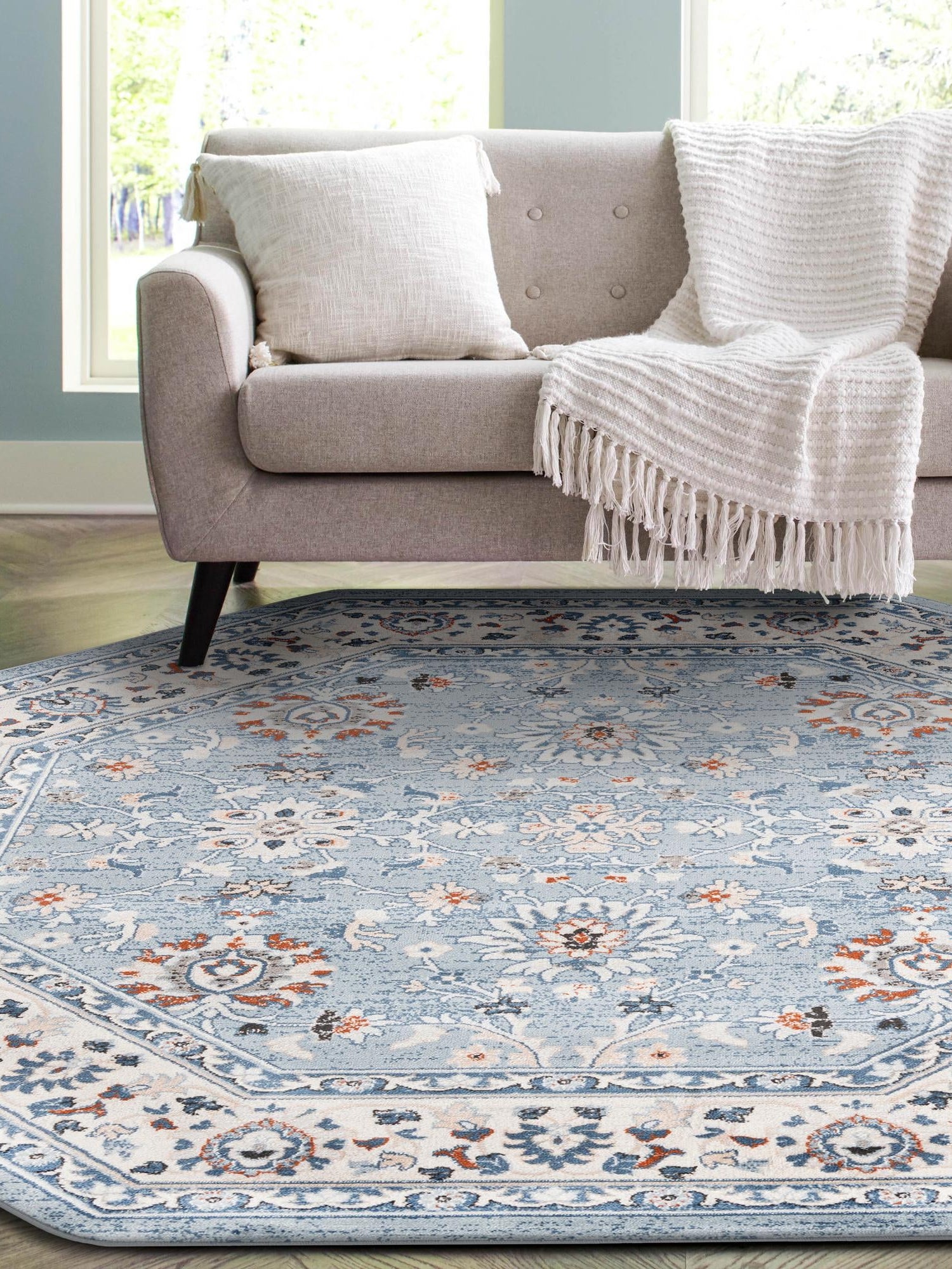 Aqua Blue 7' 10 x 7' 10 Charlotte Octagon Area Rug 100% Polypropylene With Jute Backing Traditional Classical Durable Carpet for Living Dining Office Rooms for Sale at Rug Engine