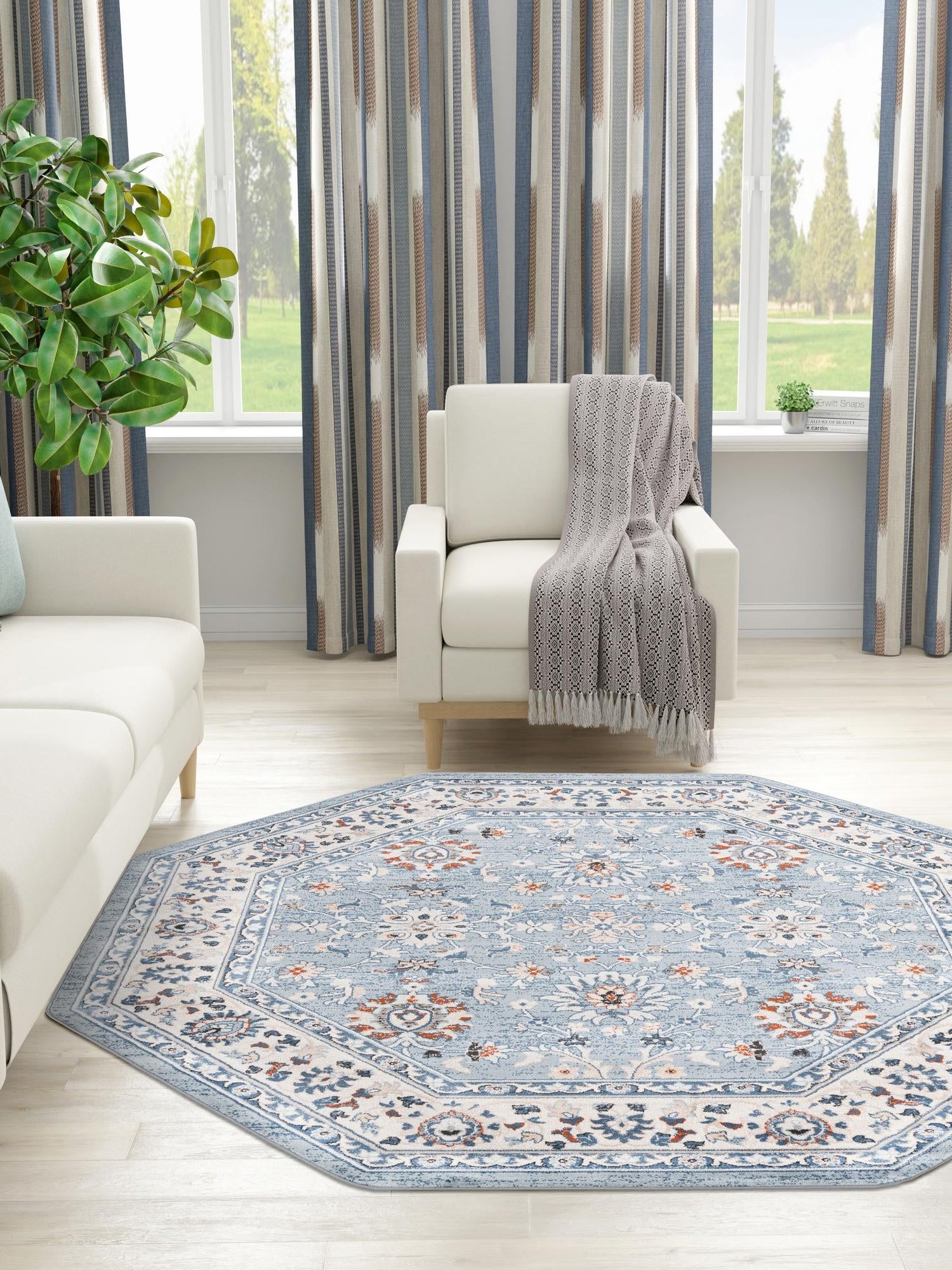 Aqua Blue 7' 10 x 7' 10 Charlotte Octagon Area Rug 100% Polypropylene With Jute Backing Traditional Classical Durable Carpet for Living Dining Office Rooms for Sale at Rug Engine
