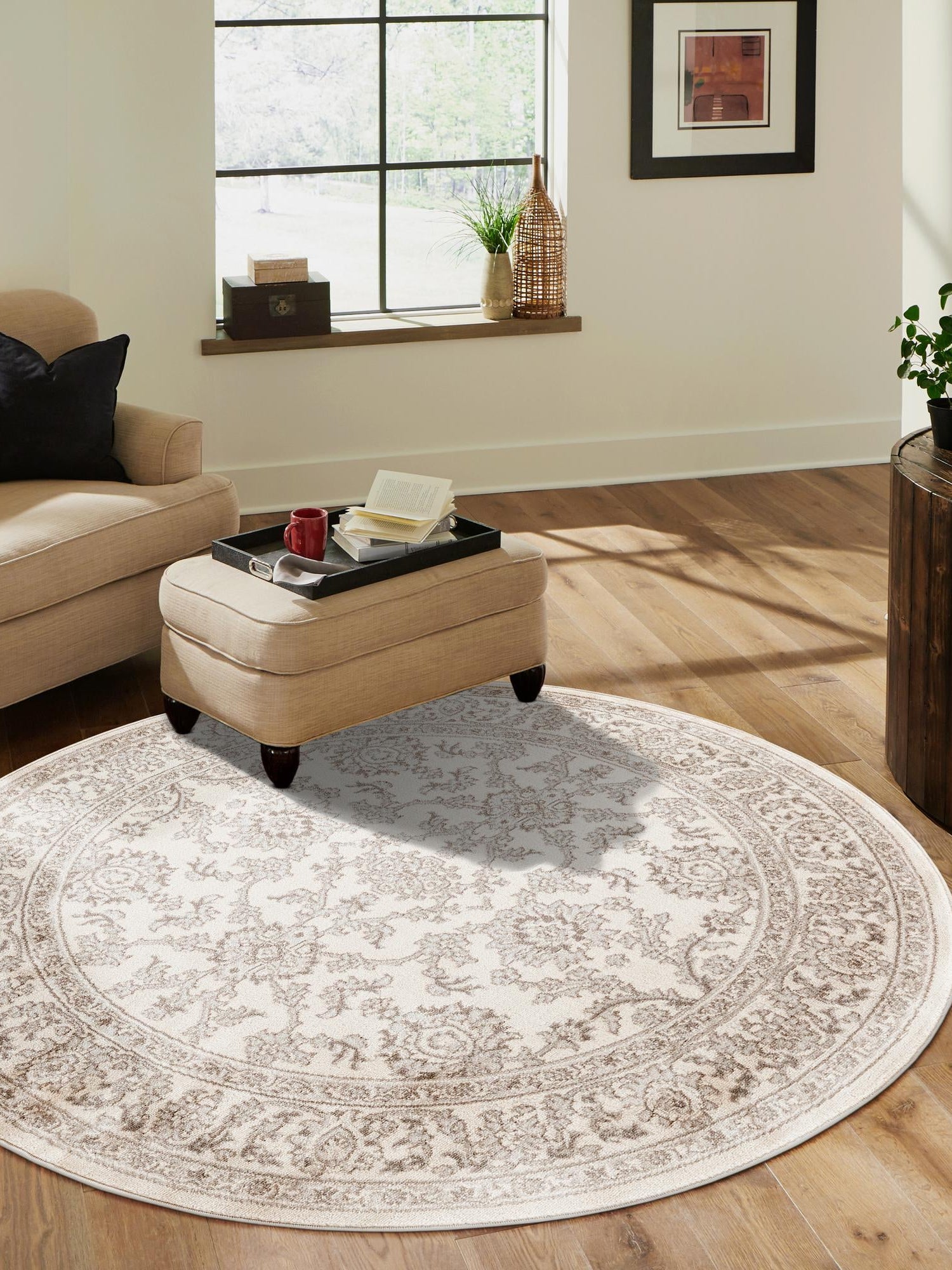 Ivory 4' 1 x 4' 1 Charlotte Round Area Rug 100% Polypropylene With Jute Backing Traditional Classical Durable Carpet for Living Dining Office Rooms for Sale at Rug Engine