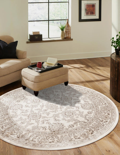 Ivory 4' 1 x 4' 1 Charlotte Round Area Rug 100% Polypropylene With Jute Backing Traditional Classical Durable Carpet for Living Dining Office Rooms for Sale at Rug Engine