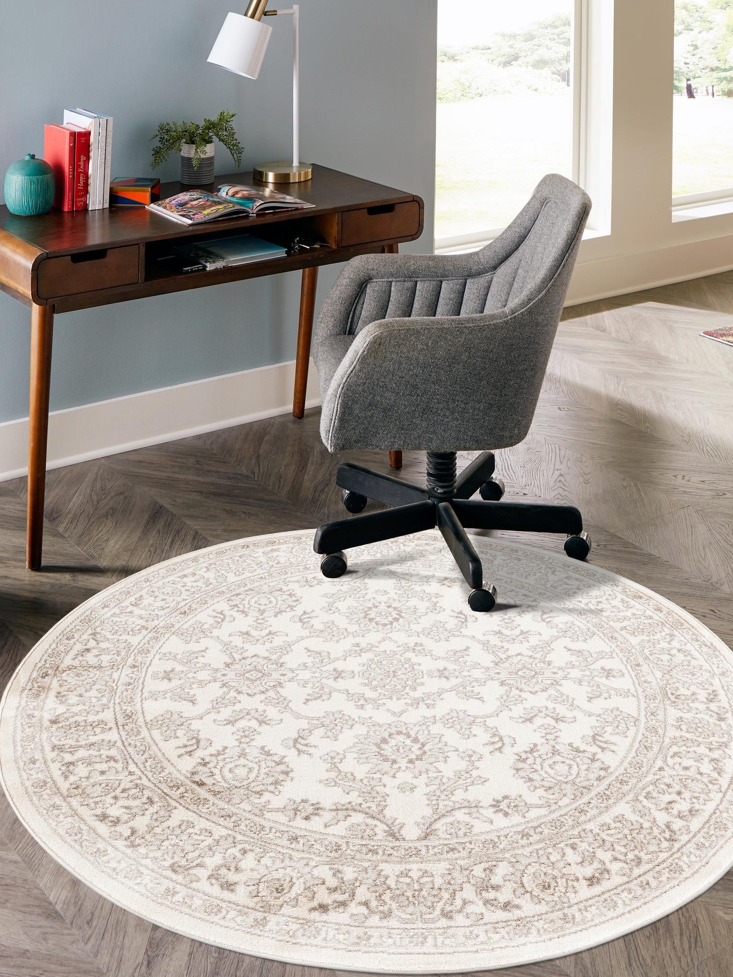 Ivory 6' 1 x 6' 1 Charlotte Round Area Rug 100% Polypropylene With Jute Backing Traditional Classical Durable Carpet for Living Dining Office Rooms for Sale at Rug Engine