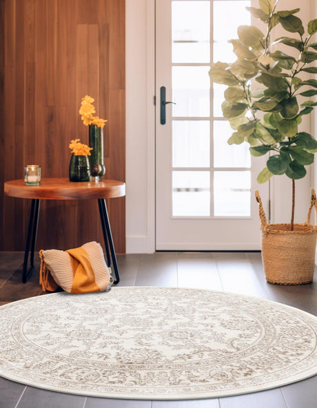 Ivory 4' 1 x 4' 1 Charlotte Round Area Rug 100% Polypropylene With Jute Backing Traditional Classical Durable Carpet for Living Dining Office Rooms for Sale at Rug Engine