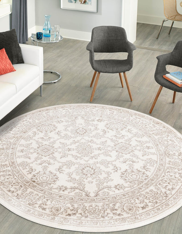 Ivory 5' 3 x 5' 3 Charlotte Round Area Rug 100% Polypropylene With Jute Backing Traditional Classical Durable Carpet for Living Dining Office Rooms for Sale at Rug Engine