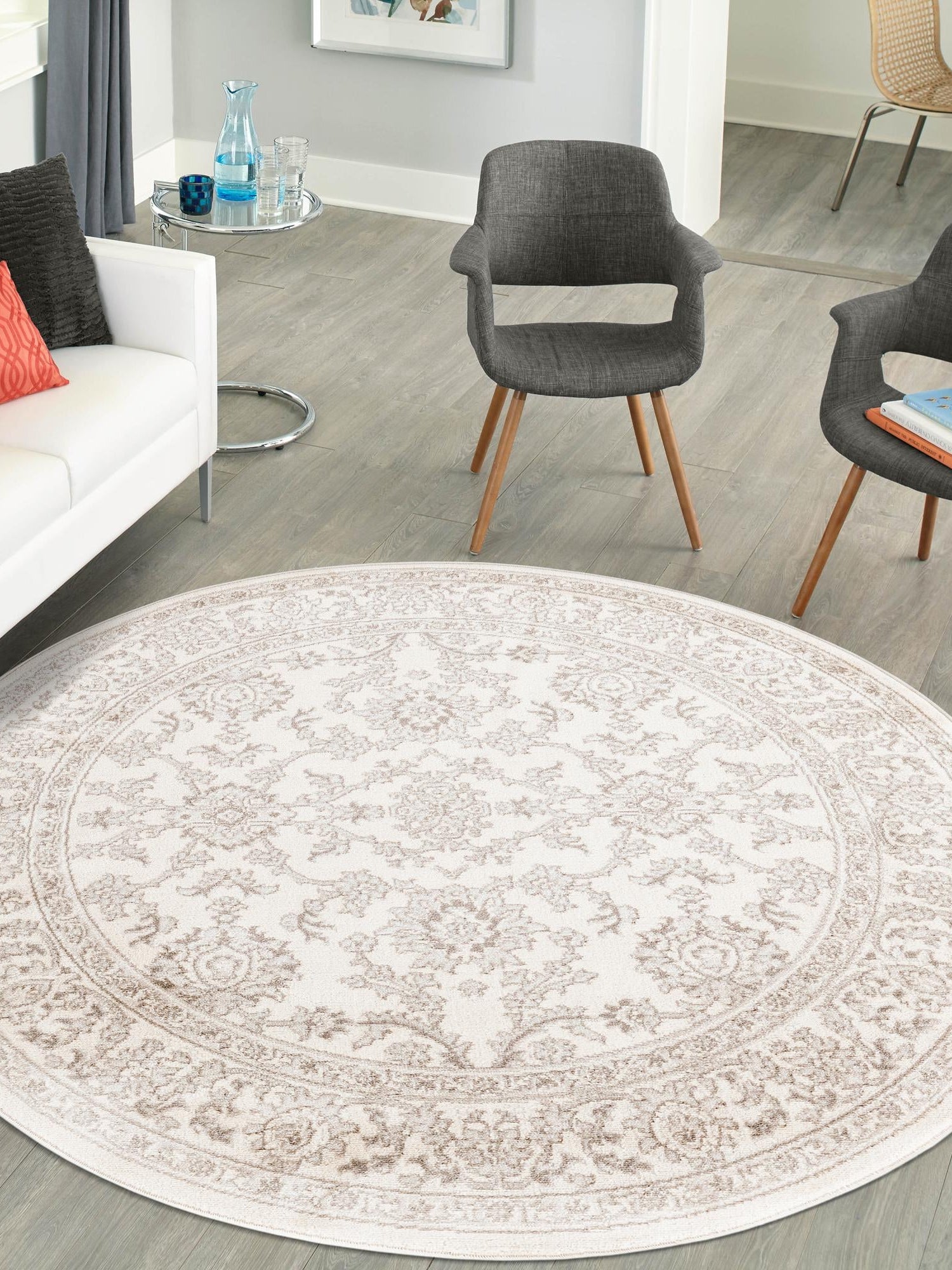 Ivory 7' 10 x 7' 10 Charlotte Round Area Rug 100% Polypropylene With Jute Backing Traditional Classical Durable Carpet for Living Dining Office Rooms for Sale at Rug Engine