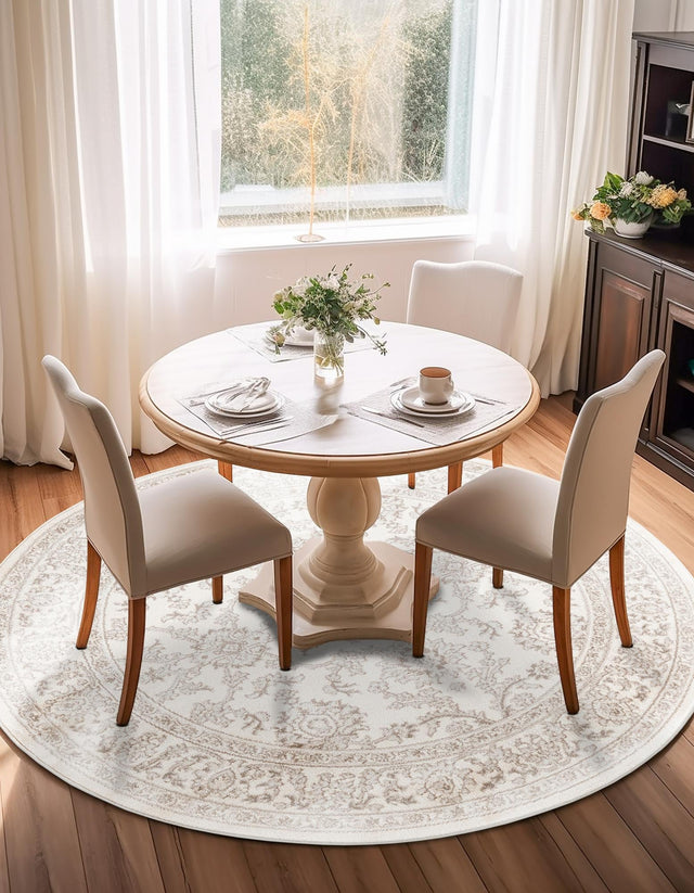 Ivory 6' 1 x 6' 1 Charlotte Round Area Rug 100% Polypropylene With Jute Backing Traditional Classical Durable Carpet for Living Dining Office Rooms for Sale at Rug Engine