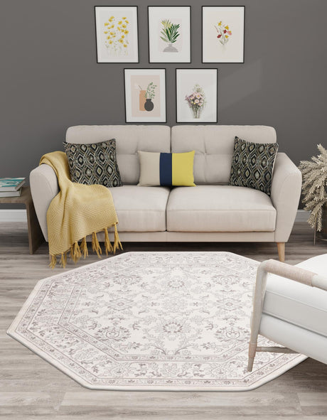 Ivory 5' 3 x 5' 3 Charlotte Octagon Area Rug 100% Polypropylene With Jute Backing Traditional Classical Durable Carpet for Living Dining Office Rooms for Sale at Rug Engine