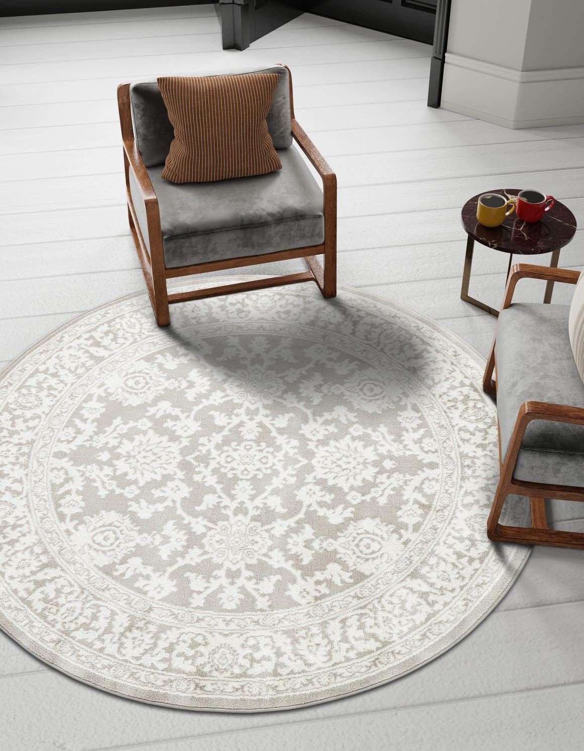 Light Gray 3' 1 x 3' 1 Charlotte Round Area Rug 100% Polypropylene With Jute Backing Traditional Classical Durable Carpet for Living Dining Office Rooms for Sale at Rug Engine
