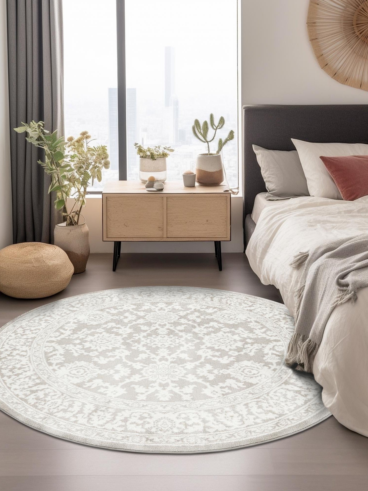 Light Gray 5' 3 x 5' 3 Charlotte Round Area Rug 100% Polypropylene With Jute Backing Traditional Classical Durable Carpet for Living Dining Office Rooms for Sale at Rug Engine