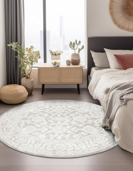 Light Gray 7' 10 x 7' 10 Charlotte Round Area Rug 100% Polypropylene With Jute Backing Traditional Classical Durable Carpet for Living Dining Office Rooms for Sale at Rug Engine