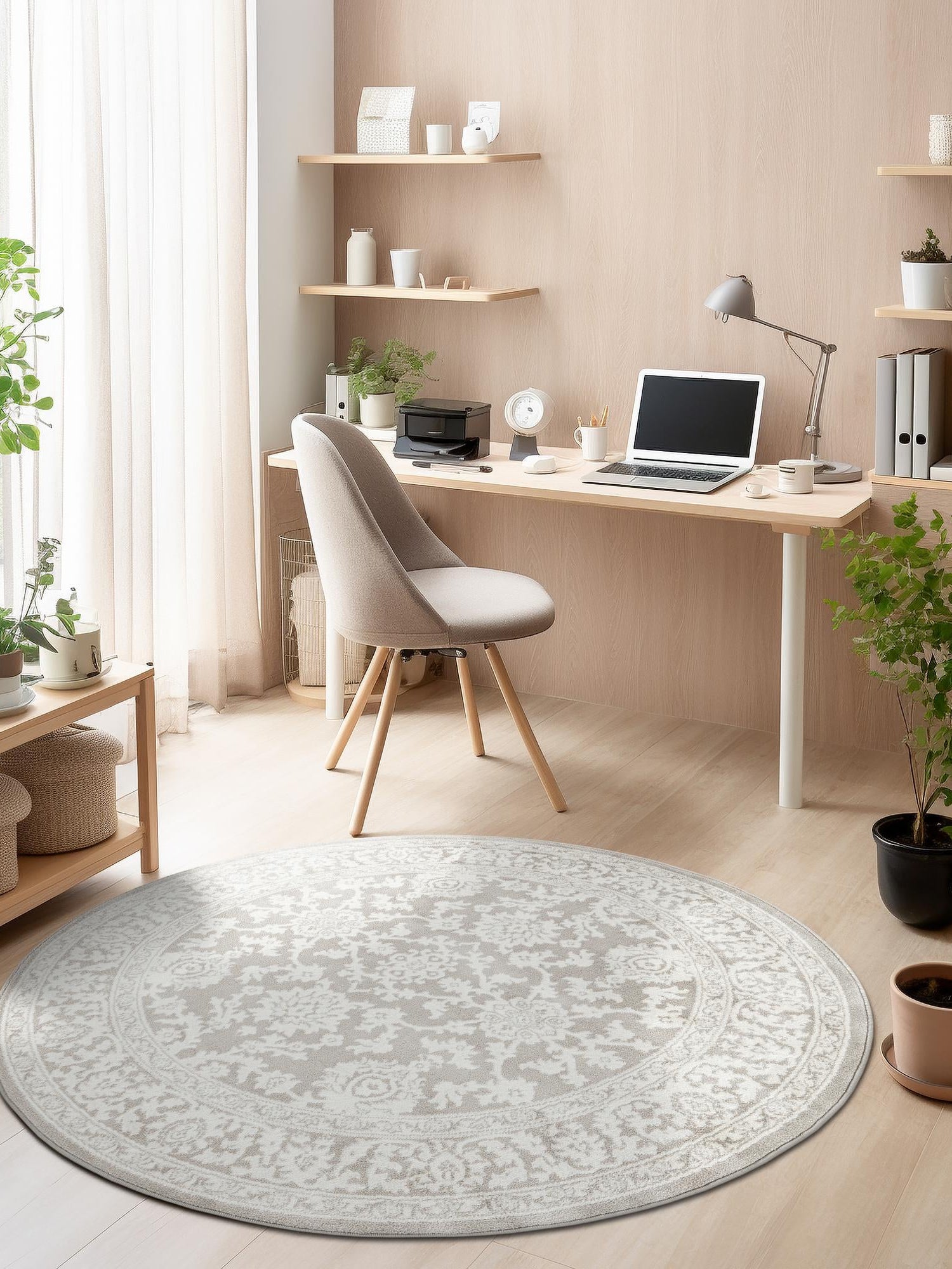 Light Gray 5' 3 x 5' 3 Charlotte Round Area Rug 100% Polypropylene With Jute Backing Traditional Classical Durable Carpet for Living Dining Office Rooms for Sale at Rug Engine