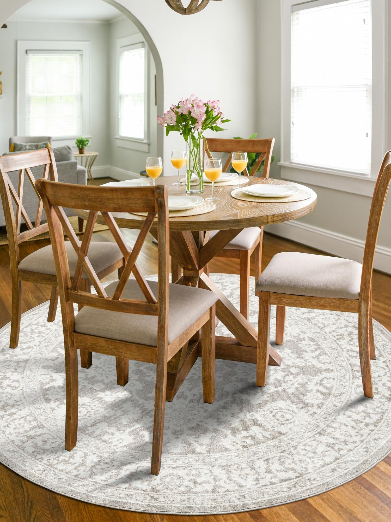Light Gray 7' 10 x 7' 10 Charlotte Round Area Rug 100% Polypropylene With Jute Backing Traditional Classical Durable Carpet for Living Dining Office Rooms for Sale at Rug Engine