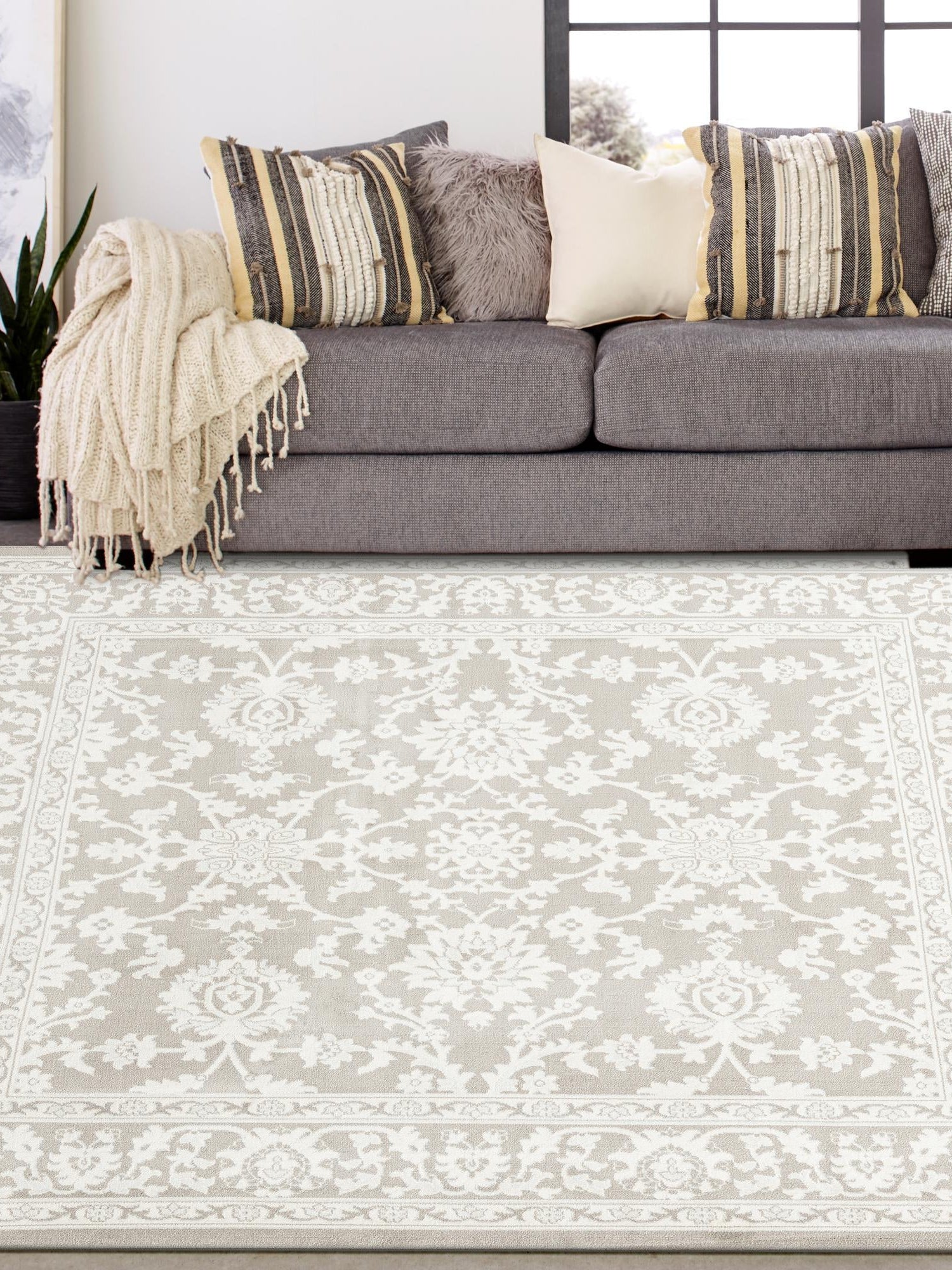 Light Gray 5' 3 x 5' 3 Charlotte Square Area Rug 100% Polypropylene With Jute Backing Traditional Classical Durable Carpet for Living Dining Office Rooms for Sale at Rug Engine
