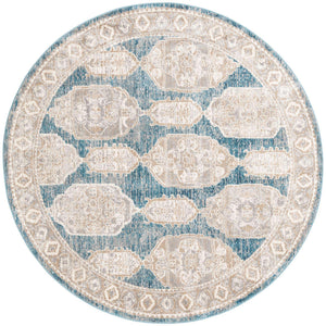 Blue 7' x 7' Lola Round Area Rug Polypropylene With Jute Backing Traditional Pattern Easy Clean Carpet for Home Interior Design for Sale at Rug Engine