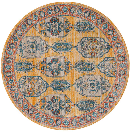 Yellow 7' x 7' Lola Round Area Rug Polypropylene With Jute Backing Traditional Pattern Easy Clean Carpet for Home Interior Design for Sale at Rug Engine
