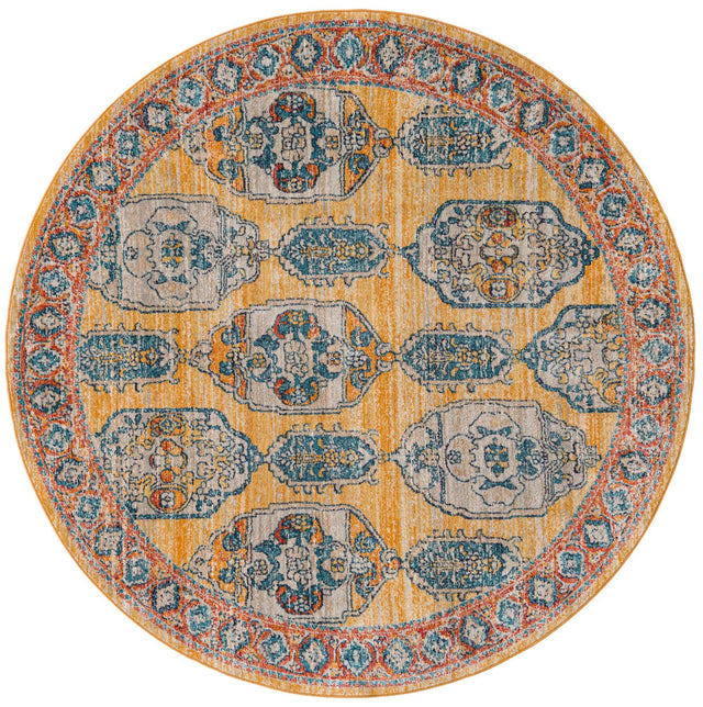 Yellow 7' x 7' Lola Round Area Rug Polypropylene With Jute Backing Traditional Pattern Easy Clean Carpet for Home Interior Design for Sale at Rug Engine