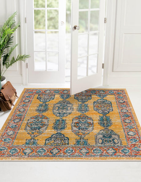 Yellow 7' 10 x 7' 10 Lola Square Area Rug Polypropylene With Jute Backing Traditional Pattern Easy Clean Carpet for Home Interior Design for Sale at Rug Engine