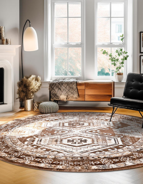 Brown 5' 3 x 5' 3 Charlotte Round Area Rug 100% Polypropylene With Jute Backing Traditional Classical Durable Carpet for Living Dining Office Rooms for Sale at Rug Engine