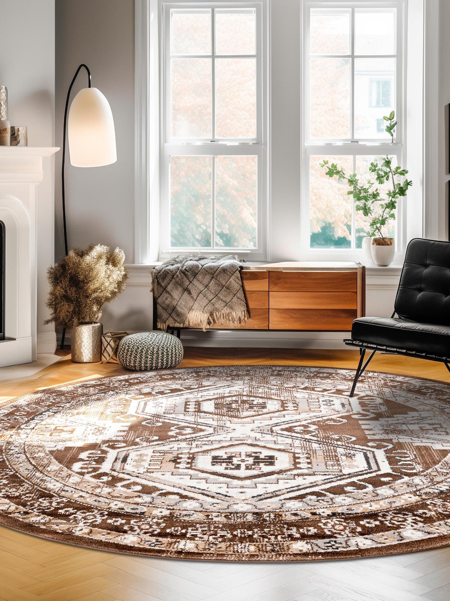Brown 3' 1 x 3' 1 Charlotte Round Area Rug 100% Polypropylene With Jute Backing Traditional Classical Durable Carpet for Living Dining Office Rooms for Sale at Rug Engine