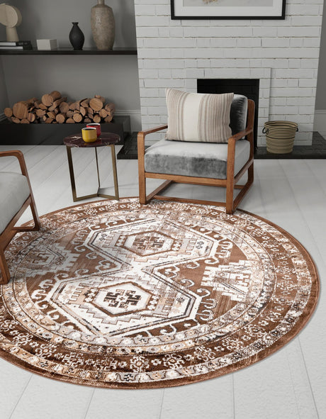 Brown 3' 1 x 3' 1 Charlotte Round Area Rug 100% Polypropylene With Jute Backing Traditional Classical Durable Carpet for Living Dining Office Rooms for Sale at Rug Engine