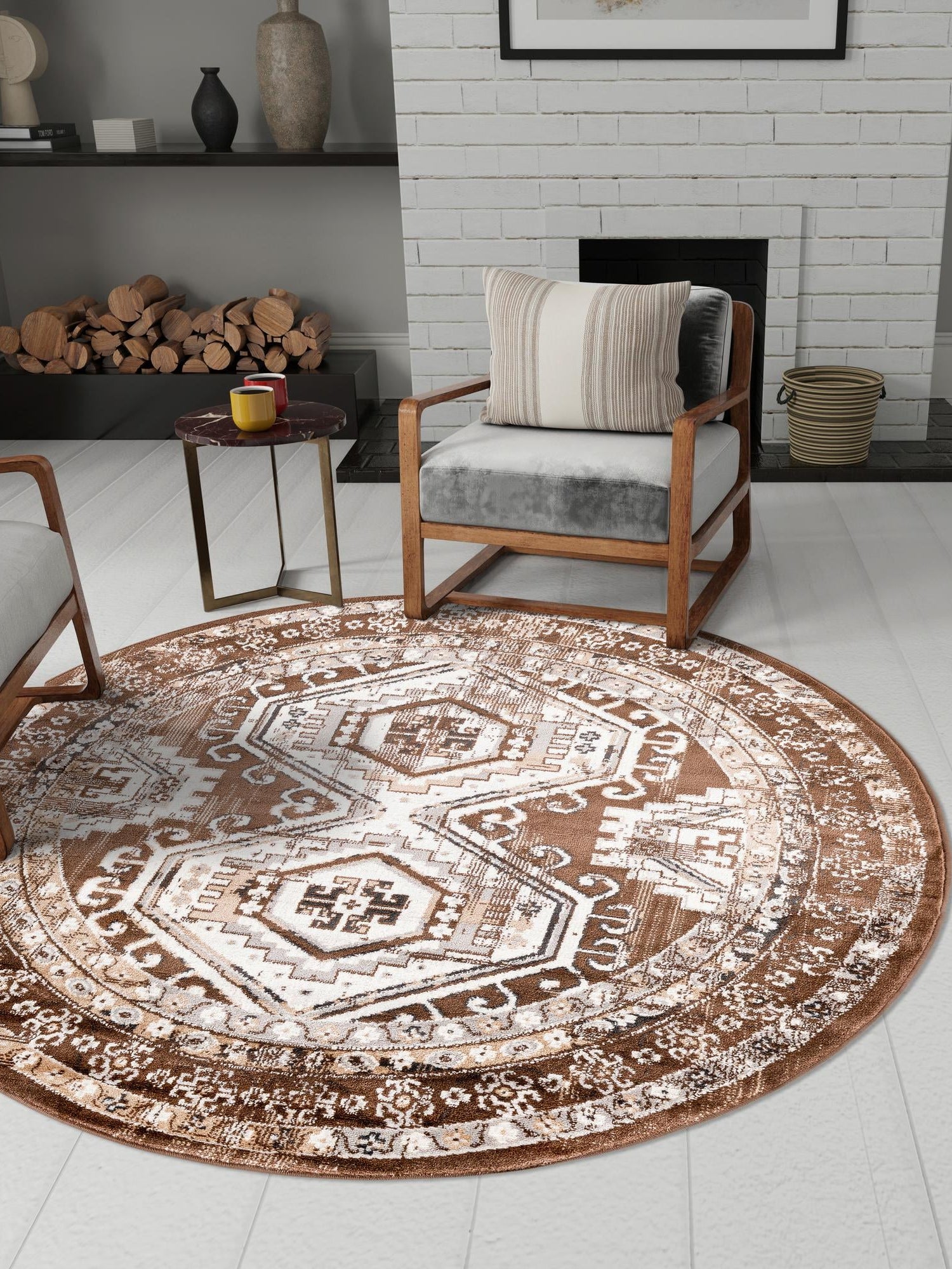 Brown 7' 10 x 7' 10 Charlotte Round Area Rug 100% Polypropylene With Jute Backing Traditional Classical Durable Carpet for Living Dining Office Rooms for Sale at Rug Engine