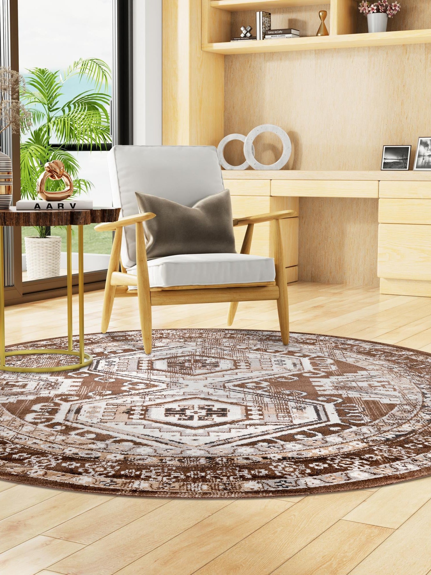 Brown 3' 1 x 3' 1 Charlotte Round Area Rug 100% Polypropylene With Jute Backing Traditional Classical Durable Carpet for Living Dining Office Rooms for Sale at Rug Engine