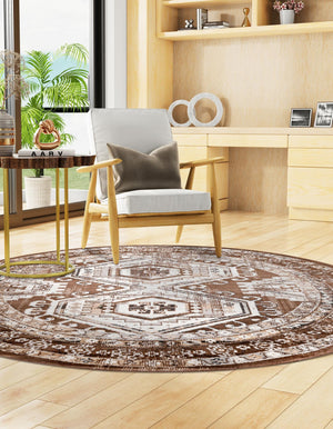 Brown 3' 1 x 3' 1 Charlotte Round Area Rug 100% Polypropylene With Jute Backing Traditional Classical Durable Carpet for Living Dining Office Rooms for Sale at Rug Engine