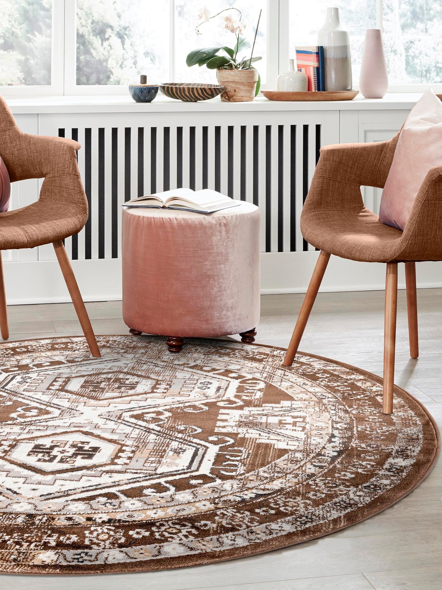 Brown 3' 1 x 3' 1 Charlotte Round Area Rug 100% Polypropylene With Jute Backing Traditional Classical Durable Carpet for Living Dining Office Rooms for Sale at Rug Engine