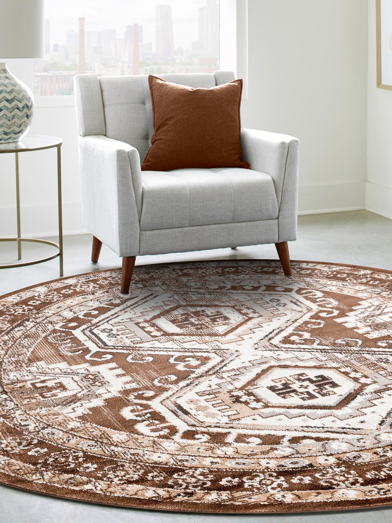 Brown 3' 1 x 3' 1 Charlotte Round Area Rug 100% Polypropylene With Jute Backing Traditional Classical Durable Carpet for Living Dining Office Rooms for Sale at Rug Engine