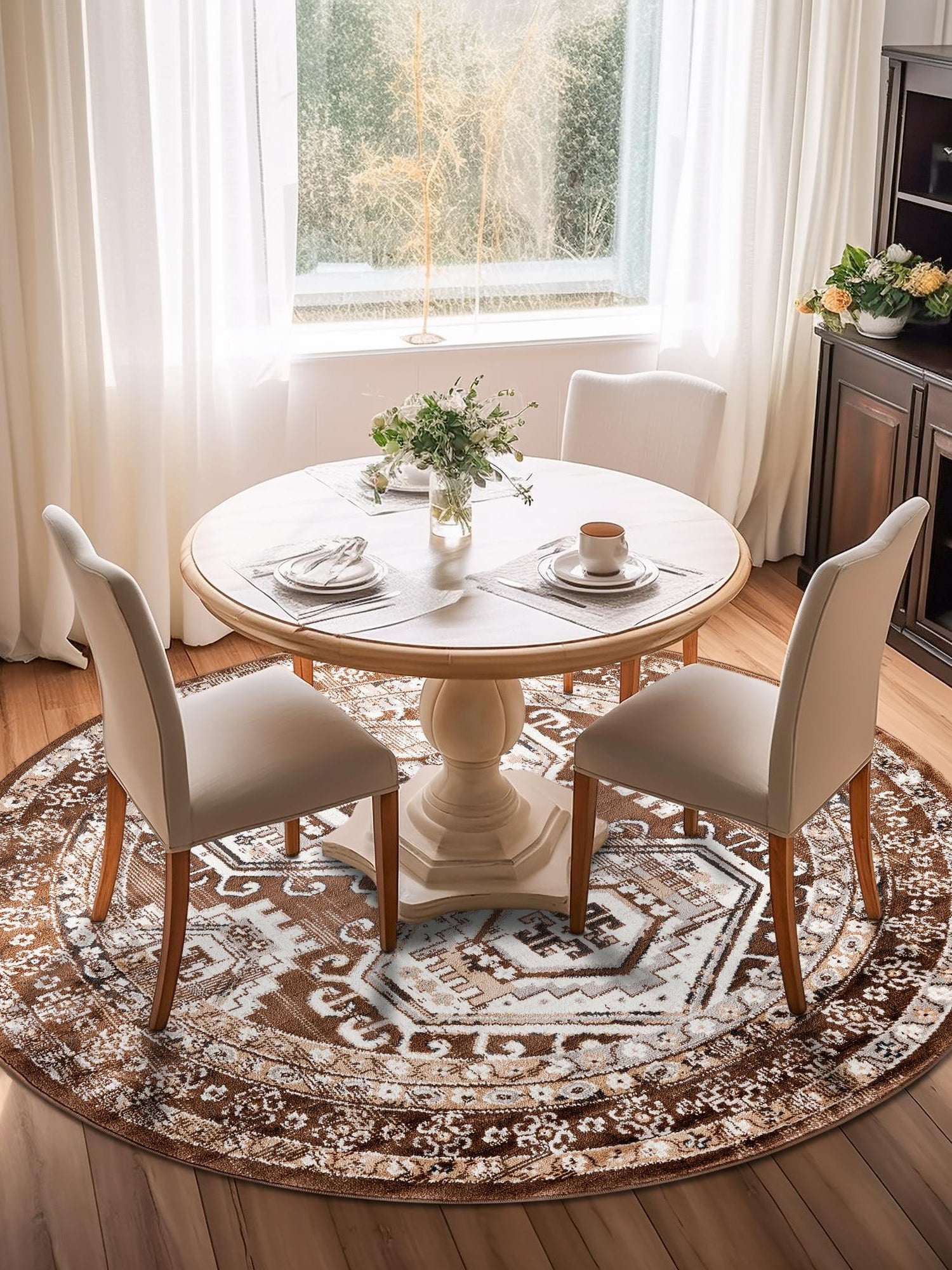 Brown 7' 10 x 7' 10 Charlotte Round Area Rug 100% Polypropylene With Jute Backing Traditional Classical Durable Carpet for Living Dining Office Rooms for Sale at Rug Engine