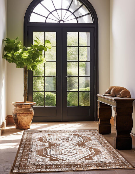 Brown 4' 1 x 4' 1 Charlotte Square Area Rug 100% Polypropylene With Jute Backing Traditional Classical Durable Carpet for Living Dining Office Rooms for Sale at Rug Engine