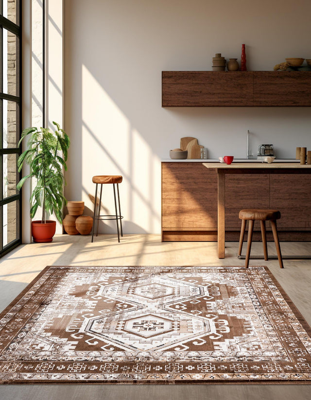 Brown 5' 3 x 5' 3 Charlotte Square Area Rug 100% Polypropylene With Jute Backing Traditional Classical Durable Carpet for Living Dining Office Rooms for Sale at Rug Engine