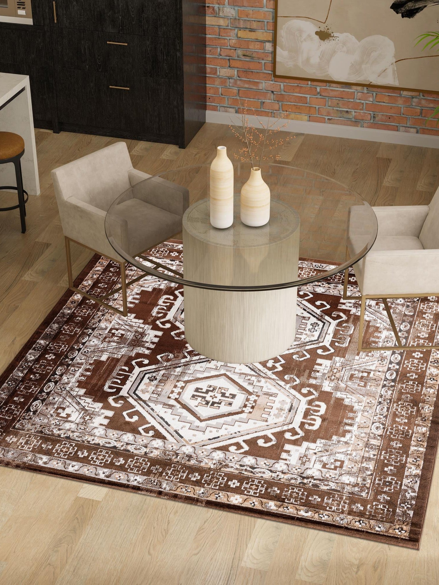 Brown 7' 10 x 7' 10 Charlotte Square Area Rug 100% Polypropylene With Jute Backing Traditional Classical Durable Carpet for Living Dining Office Rooms for Sale at Rug Engine