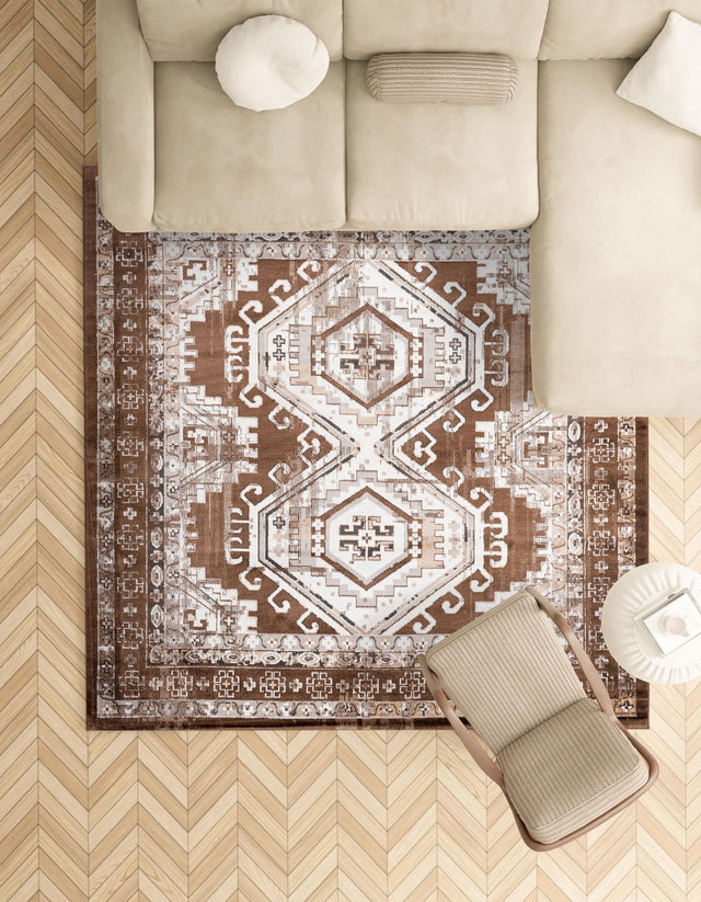 Brown 7' 10 x 7' 10 Charlotte Square Area Rug 100% Polypropylene With Jute Backing Traditional Classical Durable Carpet for Living Dining Office Rooms for Sale at Rug Engine