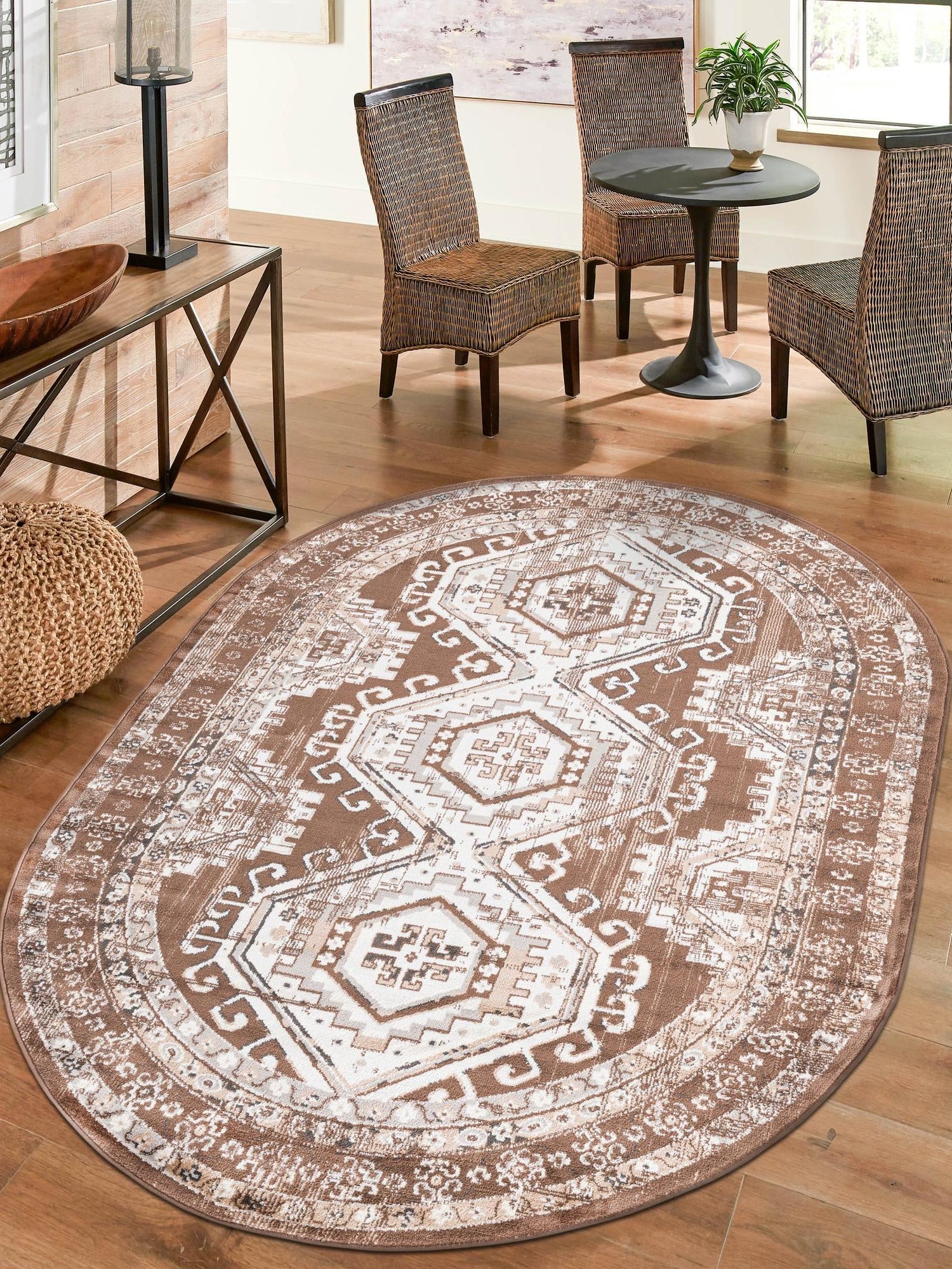 Brown 4' 1 x 6' 1 Charlotte Oval Area Rug 100% Polypropylene With Jute Backing Traditional Classical Durable Carpet for Living Dining Office Rooms for Sale at Rug Engine