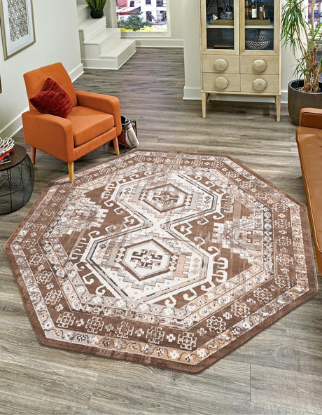Brown 5' 3 x 5' 3 Charlotte Octagon Area Rug 100% Polypropylene With Jute Backing Traditional Classical Durable Carpet for Living Dining Office Rooms for Sale at Rug Engine