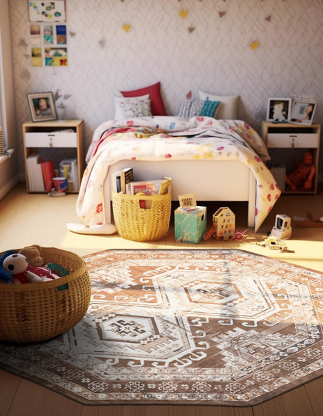 Brown 5' 3 x 5' 3 Charlotte Octagon Area Rug 100% Polypropylene With Jute Backing Traditional Classical Durable Carpet for Living Dining Office Rooms for Sale at Rug Engine